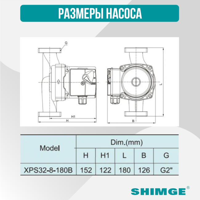 Размеры насоса SHIMGE XPS 32-8-180B Размеры насоса SHIMGE XPS 32-8-180B