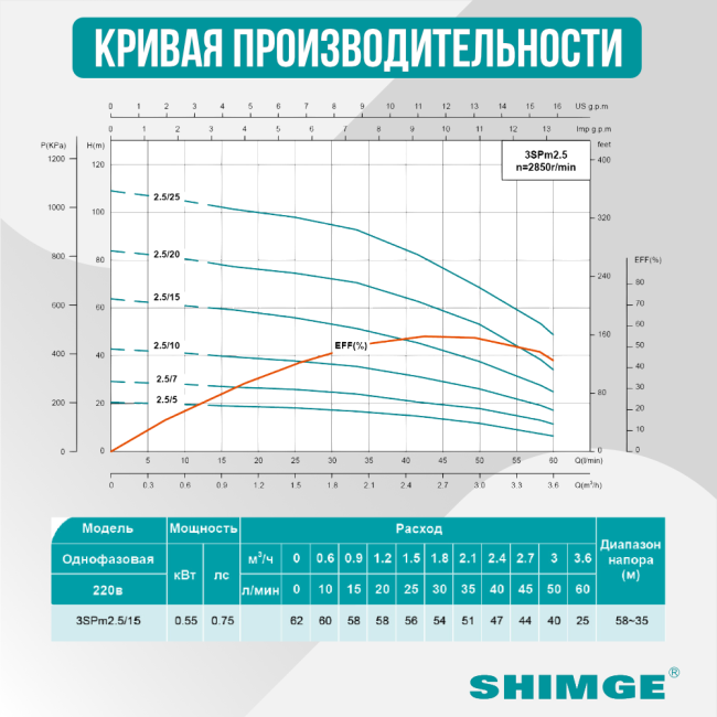 Кривая производительности насоса Shimge 3 SPm 2.5/25